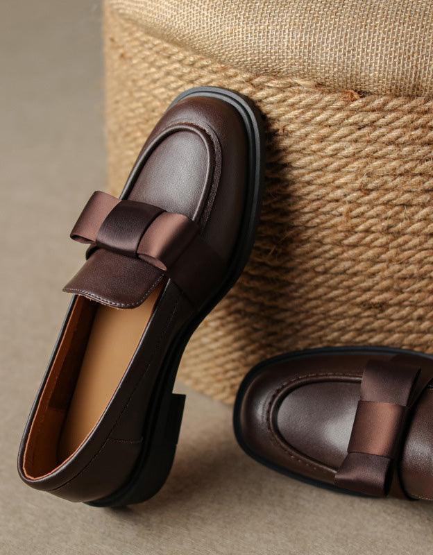 Silk Bowknot Vintage Leather Loafers for Women - ZYLIRA