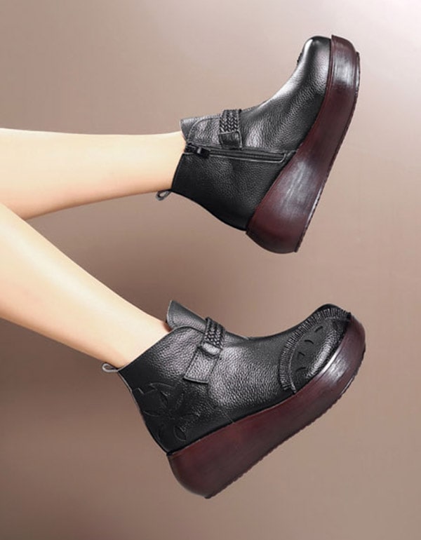 Spring Autumn Retro Leather Wedges Ankle Boots