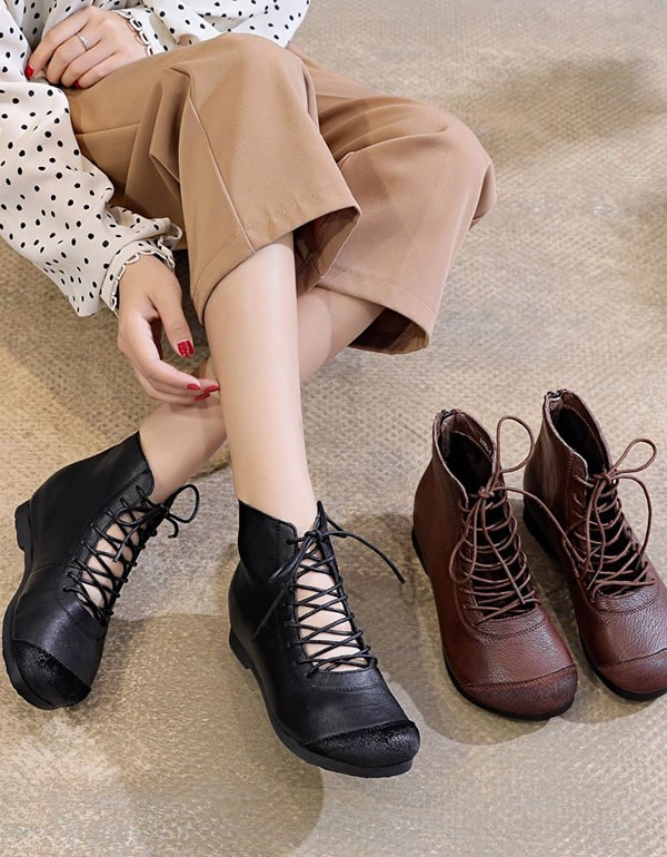 Spring Handmade Lace Up Retro Leather Boots