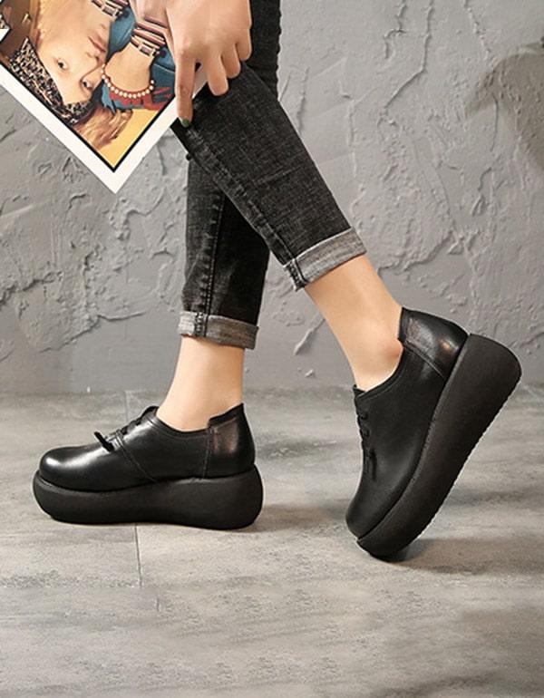 Spring Summer Round Head Ladies Leather Platform Shoes - ZYLIRA