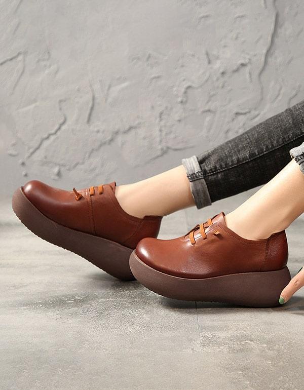 Spring Summer Round Head Ladies Leather Platform Shoes - ZYLIRA