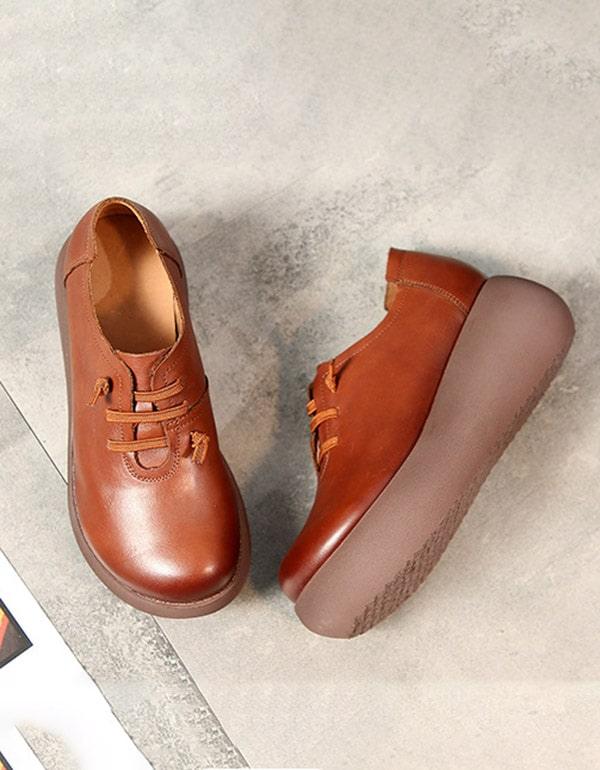 Spring Summer Round Head Ladies Leather Platform Shoes - ZYLIRA