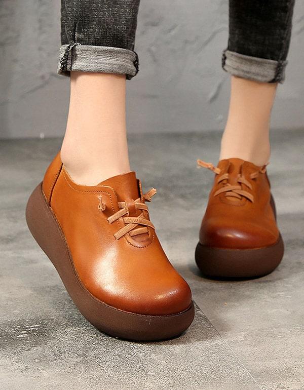 Spring Summer Round Head Ladies Leather Platform Shoes - ZYLIRA