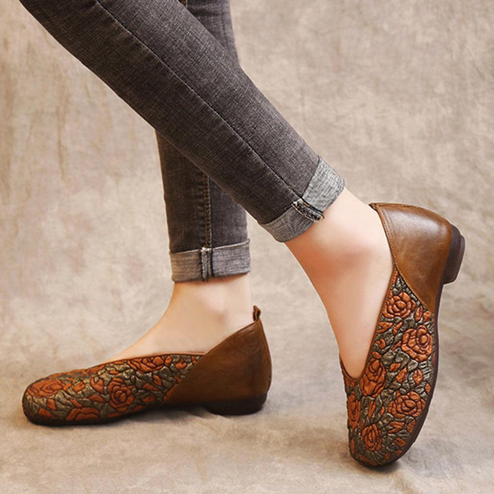 Embossed Leather Handmade Soft Comfortable Flat Shoes - ZYLIRA
