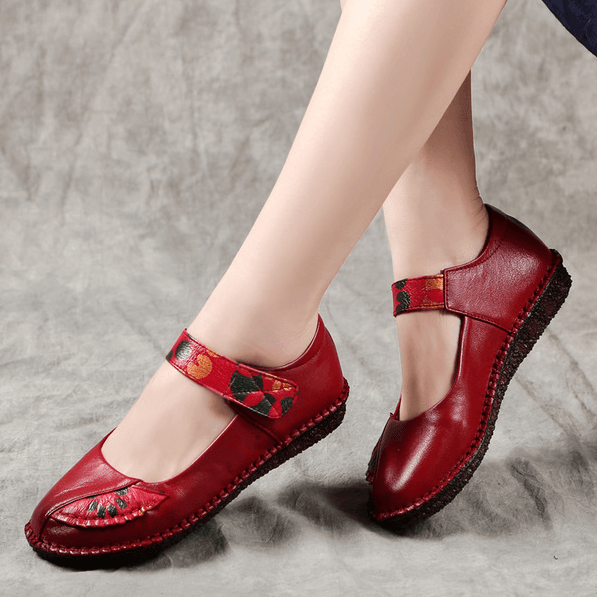 Spring Women Ethnic Leather Soft Bottom Flat Color Matching Shoes - ZYLIRA