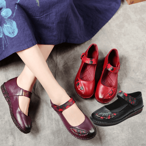 Spring Women Ethnic Leather Soft Bottom Flat Color Matching Shoes - ZYLIRA