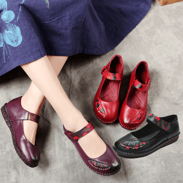 Spring Women Ethnic Leather Soft Bottom Flat Color Matching Shoes - ZYLIRA