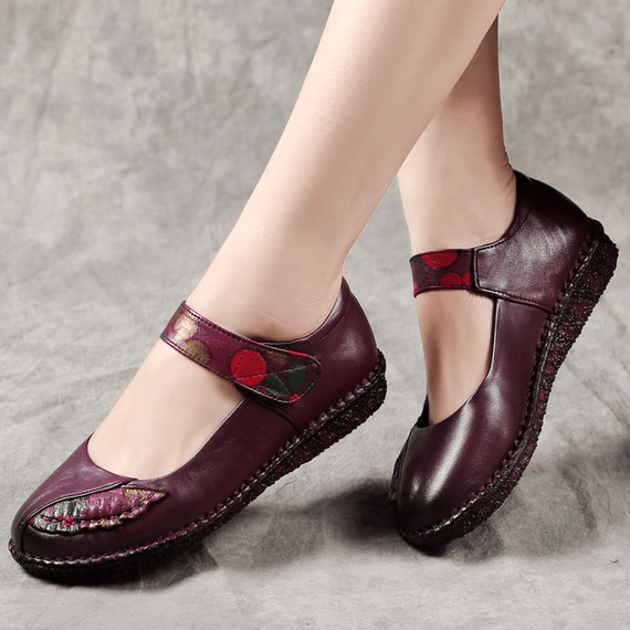 Spring Women Ethnic Leather Soft Bottom Flat Color Matching Shoes - ZYLIRA