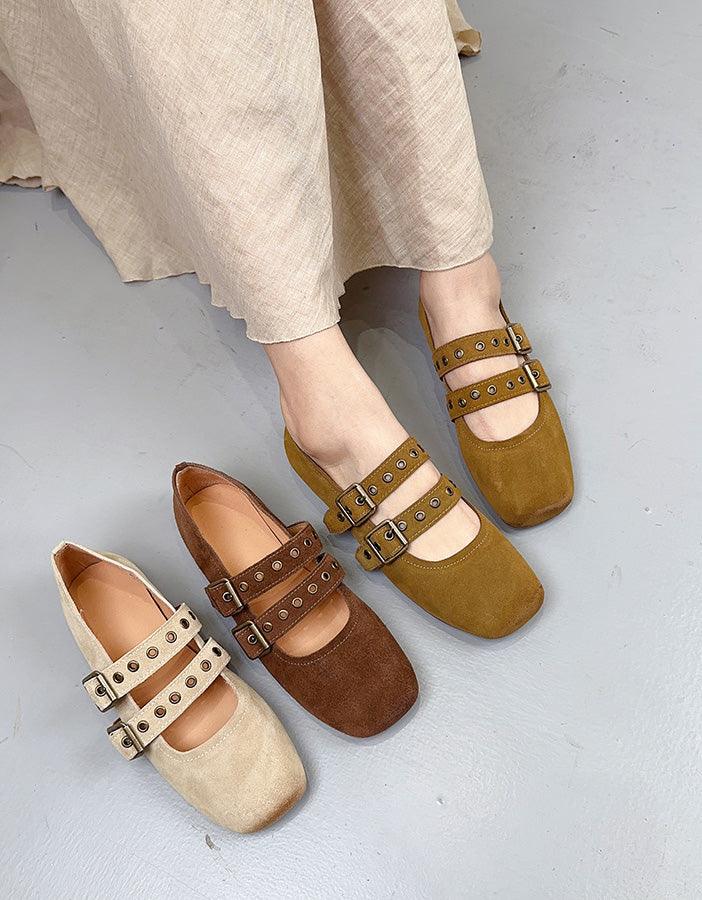 Suede Square Toe Double Buckles Mary Jane Shoes - ZYLIRA