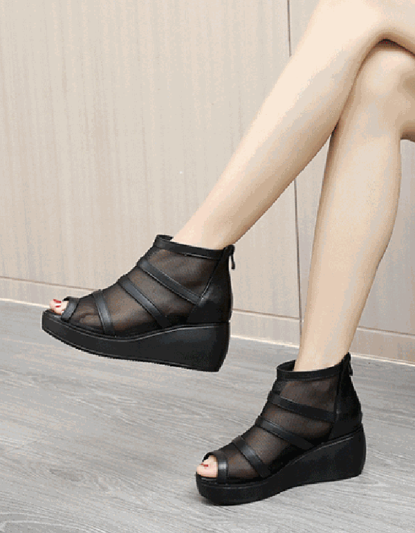 Summer Mesh Fish-toe Ankle Wedge Sandals