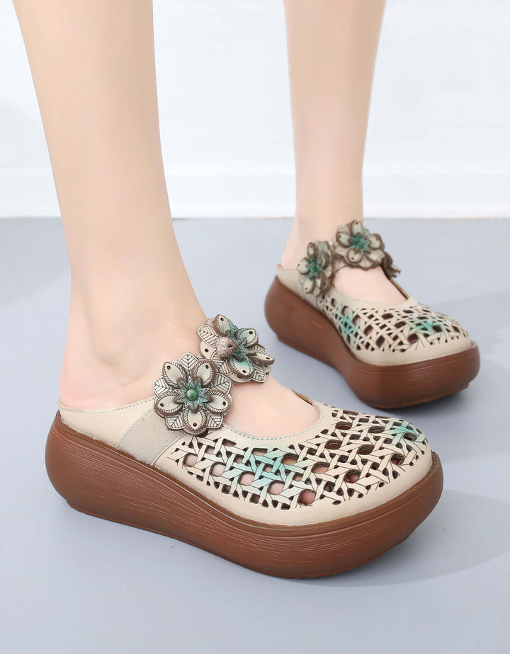 Summer Flowers Strap Hollow Wedge Slippers - ZYLIRA