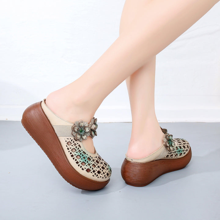 Summer Flowers Strap Hollow Wedge Slippers - ZYLIRA