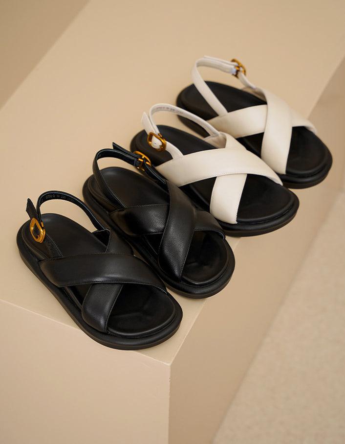 Thick Heel Sheepskin Cross-strap Sandals Slingback - ZYLIRA