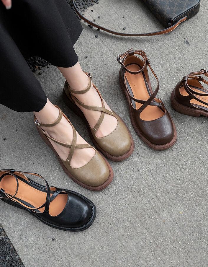 Vintage Ankle Cross Strap Round Toe Mary Jane Shoes - ZYLIRA