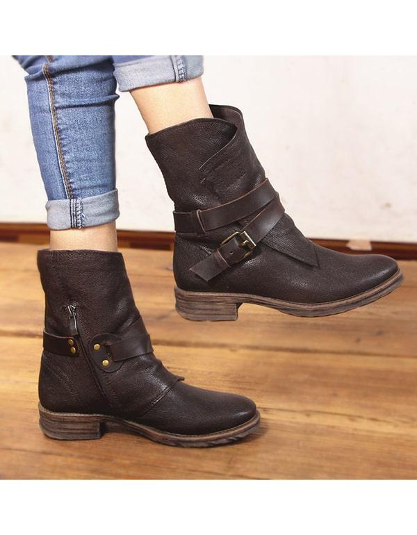 Vintage Handmade Leather Belt Buckle Motorcycle Short Boots - ZYLIRA