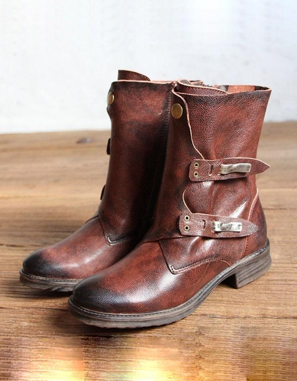 Vintage Handmade Leather Belt Buckle Motorcycle Short Boots - ZYLIRA