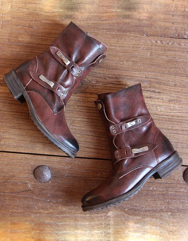 Vintage Handmade Leather Belt Buckle Motorcycle Short Boots - ZYLIRA