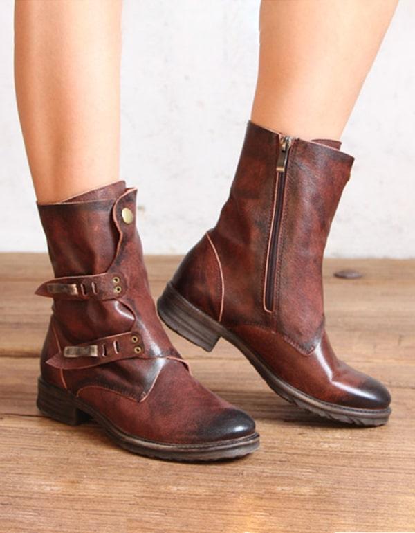 Vintage Handmade Leather Belt Buckle Motorcycle Short Boots - ZYLIRA