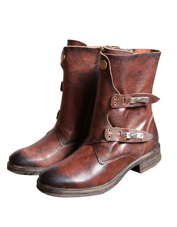 Vintage Handmade Leather Belt Buckle Motorcycle Short Boots - ZYLIRA