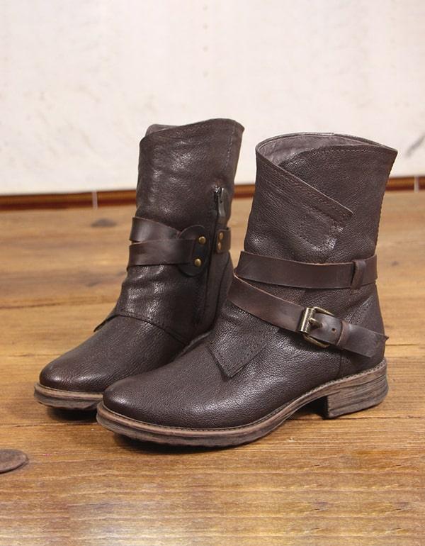 Vintage Handmade Leather Belt Buckle Motorcycle Short Boots - ZYLIRA