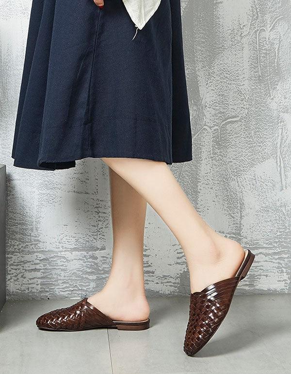 Handmade Woven Leather Round Head Slippers - ZYLIRA