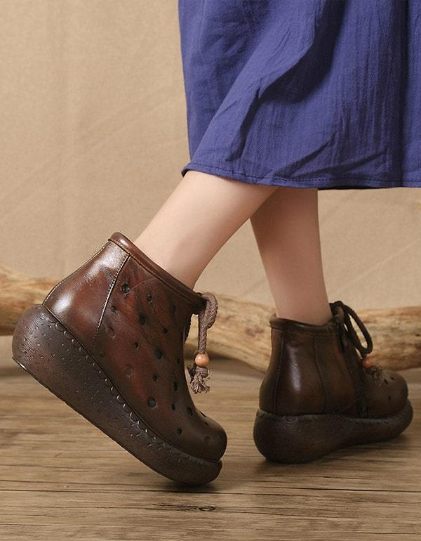 Vintage Leather Hollow Round Toe Wedge Boots - ZYLIRA