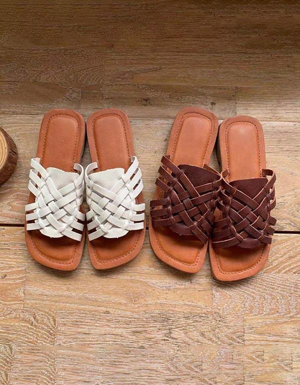 Vintage Leather Summer Woven Slides - ZYLIRA