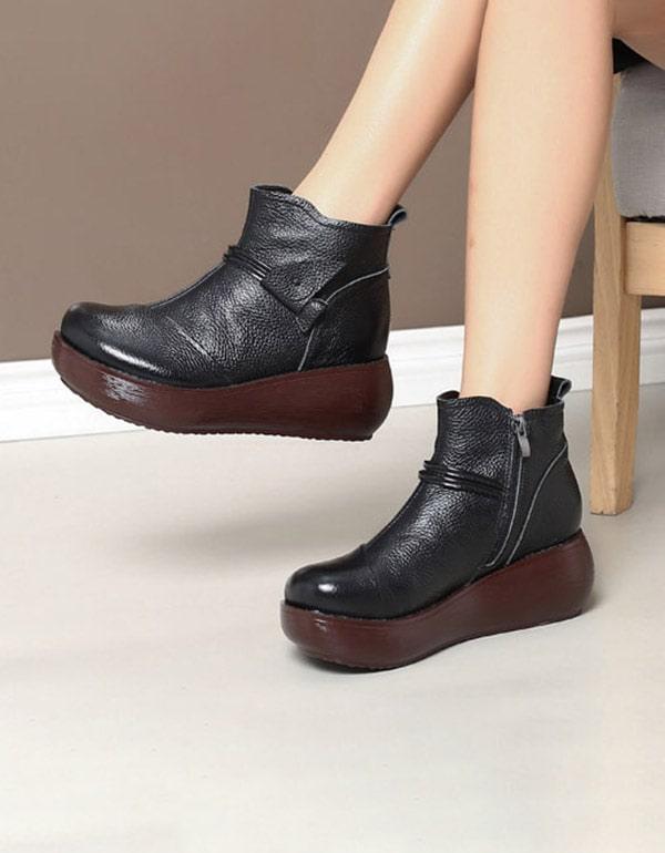 Waterproof Leather Retro Wedge Boots - ZYLIRA