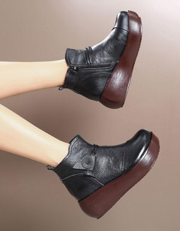 Waterproof Leather Retro Wedge Boots - ZYLIRA