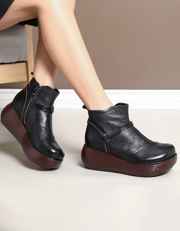 Waterproof Leather Retro Wedge Boots - ZYLIRA