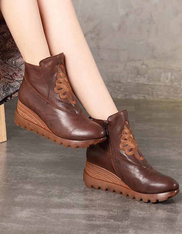 Handmade Retro Embroidery Wedge Boots - ZYLIRA