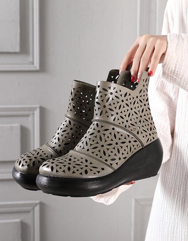 Wedge Heel Round Head Summer Leather Boots - ZYLIRA