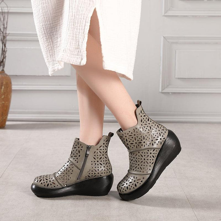 Wedge Heel Round Head Summer Leather Boots - ZYLIRA