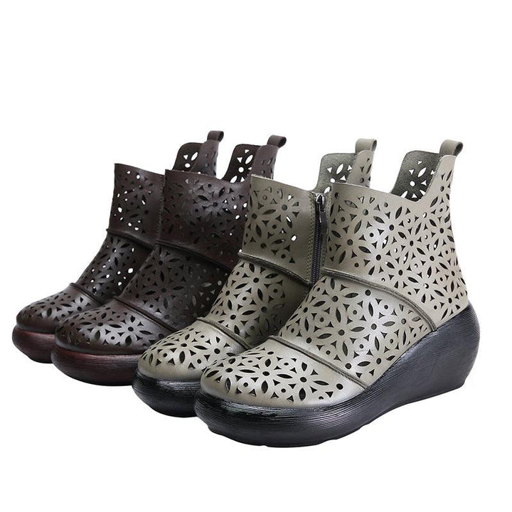 Wedge Heel Round Head Summer Leather Boots - ZYLIRA