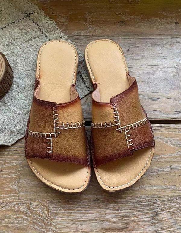 Women's Color-stitching Leather Retro Slippers - ZYLIRA