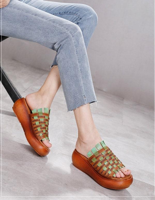 Women's Retro Leather Hand-woven Wedge Slippers - ZYLIRA