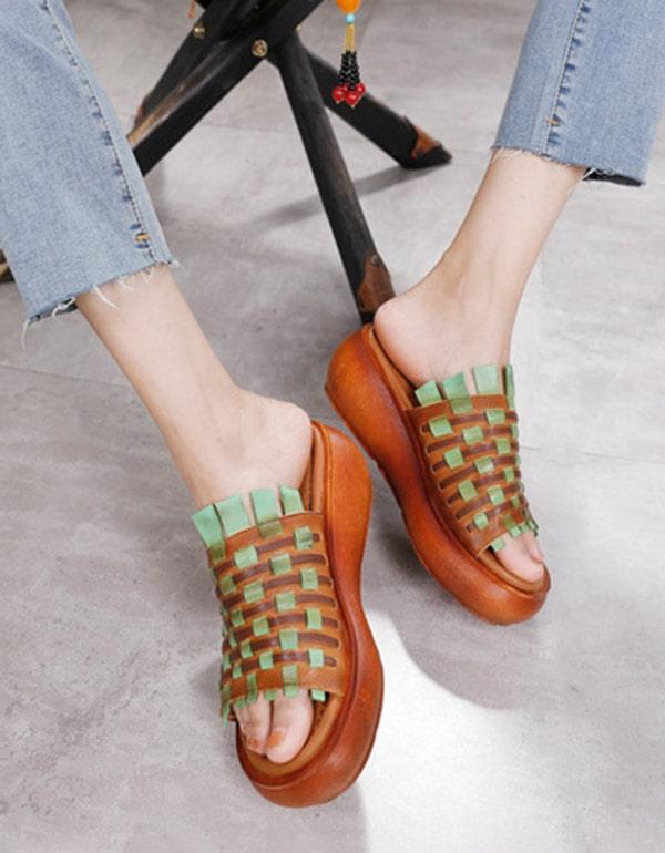 Women's Retro Leather Hand-woven Wedge Slippers - ZYLIRA