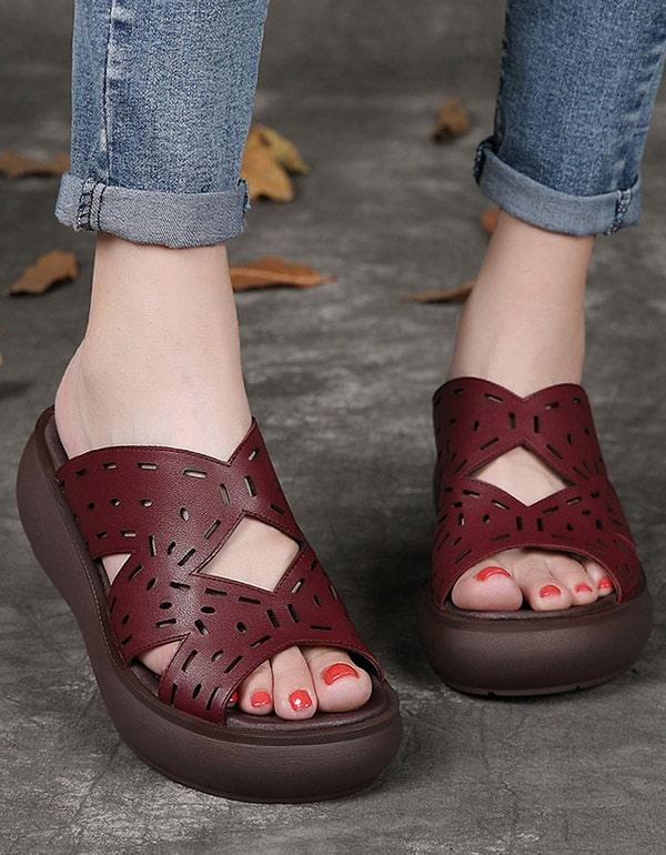 Women's Summer Leather Retro Wedge Slippers - ZYLIRA