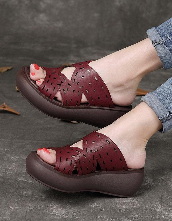 Women's Summer Leather Retro Wedge Slippers - ZYLIRA