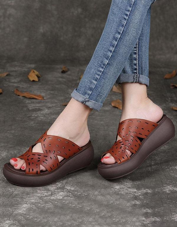 Women's Summer Leather Retro Wedge Slippers - ZYLIRA