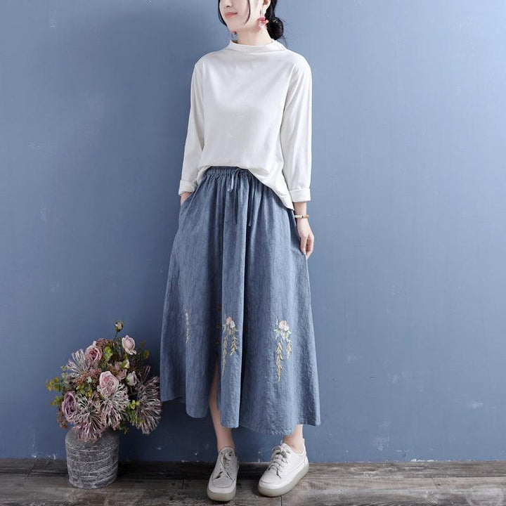 Autumn Cotton Linen Retro Embroidery Loose Skirt - ZYLIRA