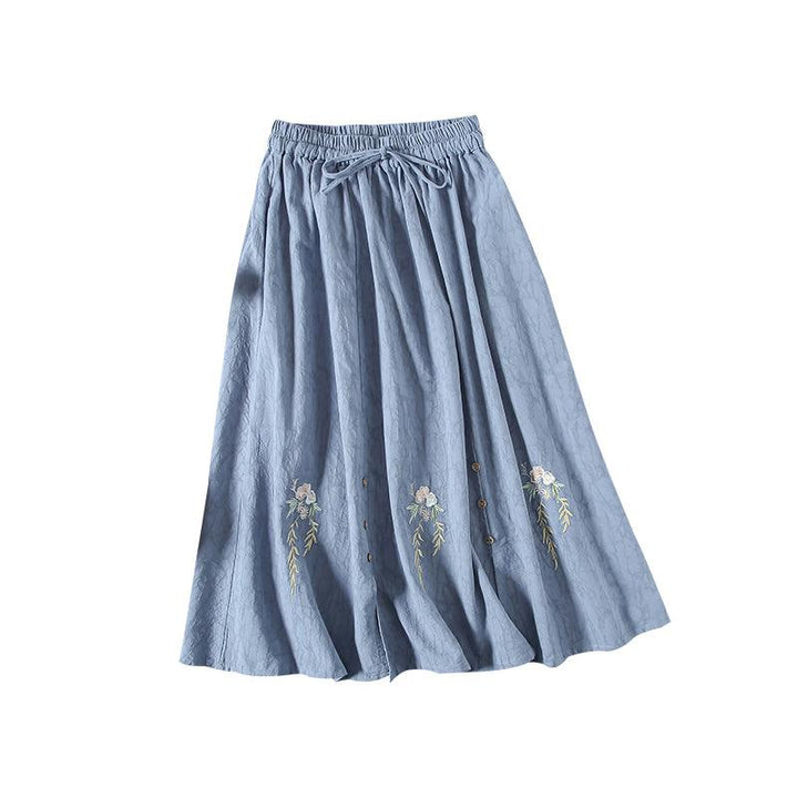 Autumn Cotton Linen Retro Embroidery Loose Skirt - ZYLIRA