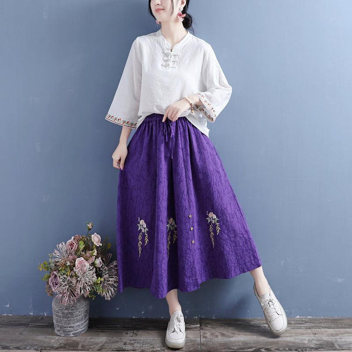 Autumn Cotton Linen Retro Embroidery Loose Skirt - ZYLIRA