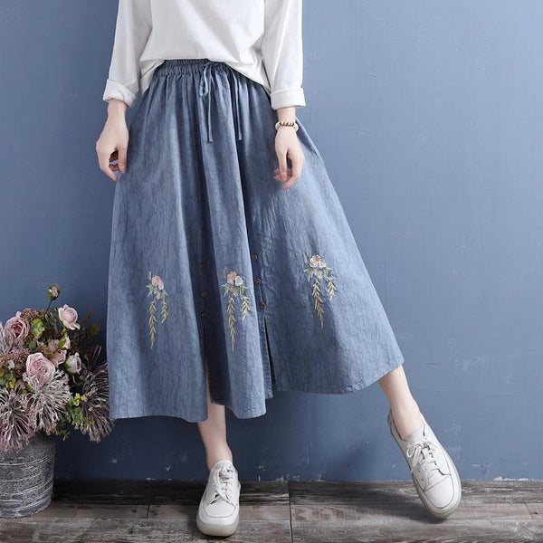 Autumn Cotton Linen Retro Embroidery Loose Skirt - ZYLIRA