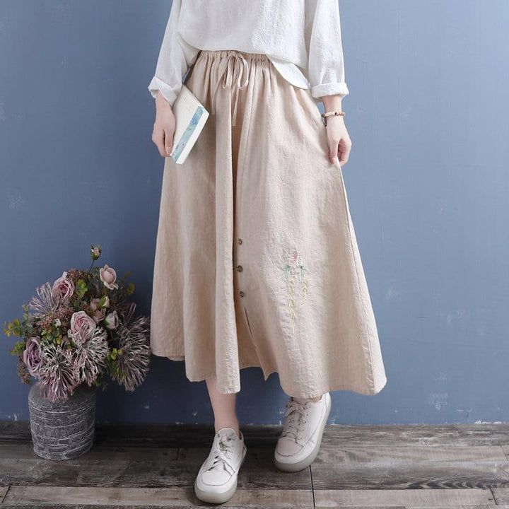 Autumn Cotton Linen Retro Embroidery Loose Skirt - ZYLIRA