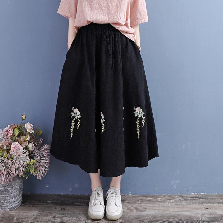 Autumn Cotton Linen Retro Embroidery Loose Skirt - ZYLIRA