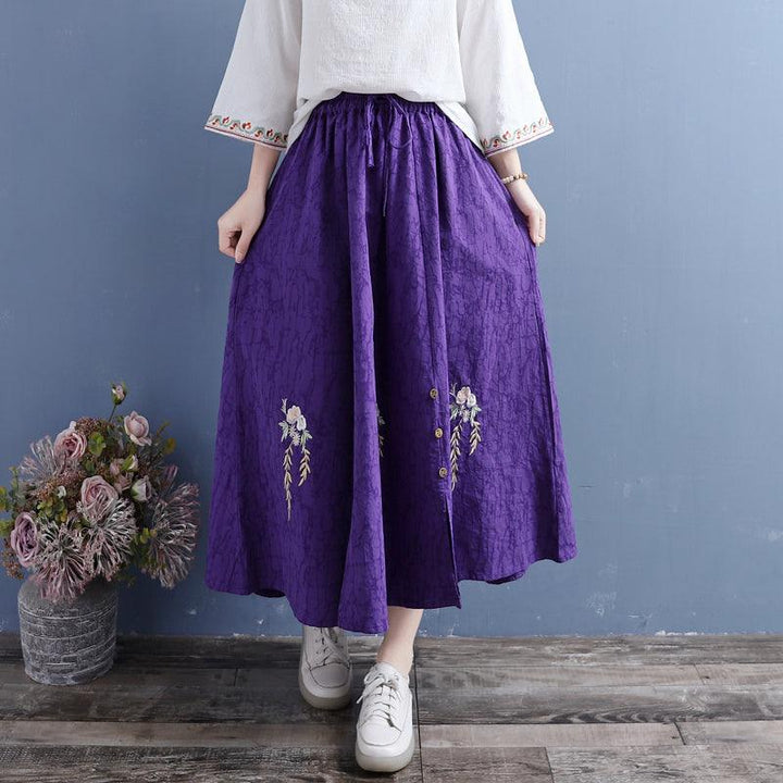 Autumn Cotton Linen Retro Embroidery Loose Skirt - ZYLIRA