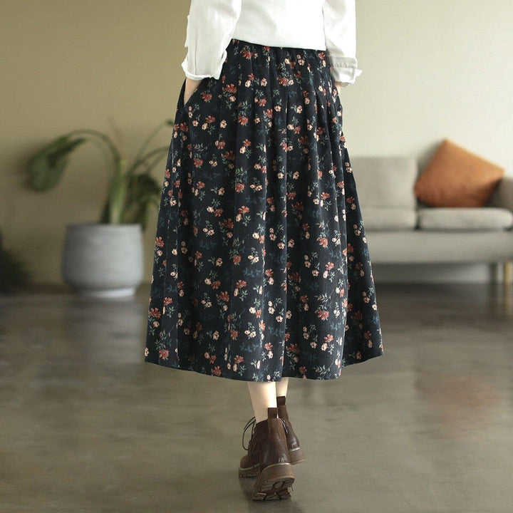 Autumn Retro Corduroy Print Floral Skirt - ZYLIRA