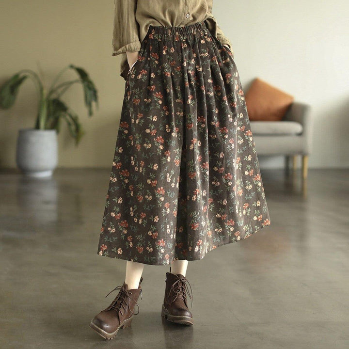 Autumn Retro Corduroy Print Floral Skirt - ZYLIRA