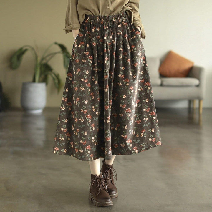 Autumn Retro Corduroy Print Floral Skirt - ZYLIRA